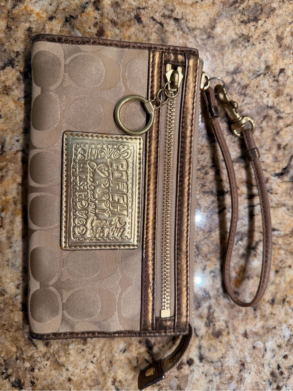 Coach Poppy Signature Canvas Wristlet in Taupe with Gold Trim